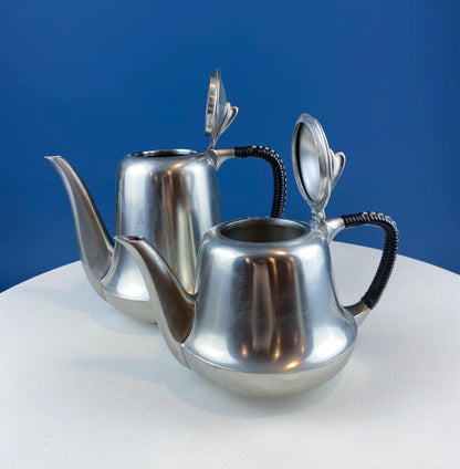 Vintage 6 Piece Pewter Coffee & Tea Serving Set with Filigree Tray. Metawa, Holland. Mid Century Modern Early Art Deco. Rattan Bamboo Handle - Tampa Home & Garden Store