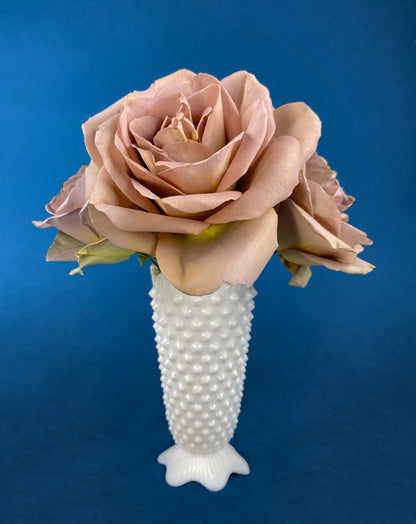 Vintage 6" White Trumpet Vase. Milk Glass, Raised Pattern. Dots, Stars, Flowers, and Scalloped Edge. Small Footed Milk Glass Flute Vase. - Tampa Home & Garden Store