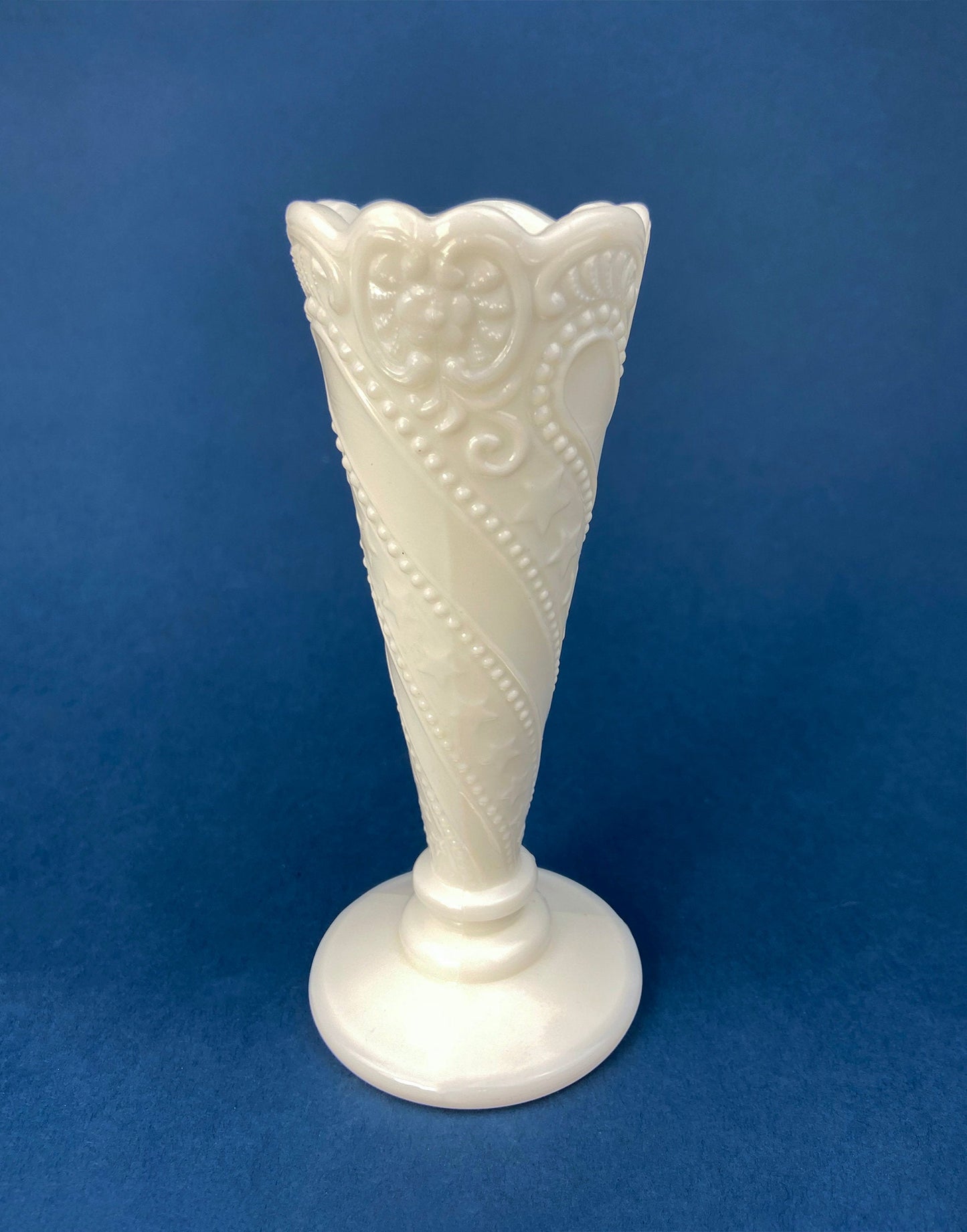 Vintage 6" White Trumpet Vase. Milk Glass, Raised Pattern. Dots, Stars, Flowers, and Scalloped Edge. Small Footed Milk Glass Flute Vase. - Tampa Home & Garden Store