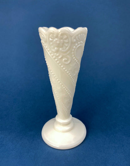 Vintage 6" White Trumpet Vase. Milk Glass, Raised Pattern. Dots, Stars, Flowers, and Scalloped Edge. Small Footed Milk Glass Flute Vase. - Tampa Home & Garden Store