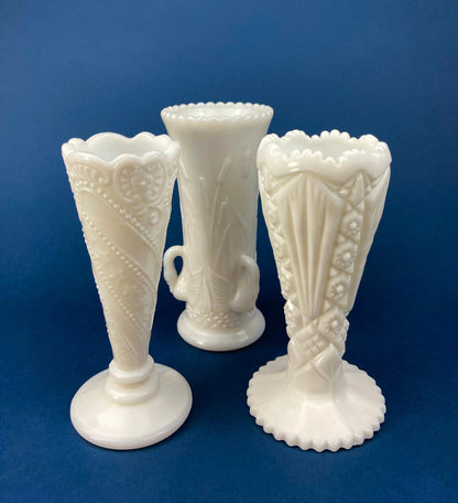 Vintage 6" White Trumpet Vase. Milk Glass, Raised Pattern. Dots, Stars, Flowers, and Scalloped Edge. Small Footed Milk Glass Flute Vase. - Tampa Home & Garden Store