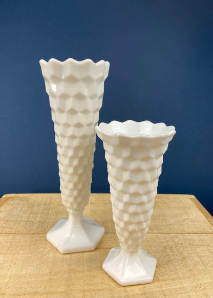 Vintage 6" White Trumpet Vase. Milk Glass, Raised Pattern. Dots, Stars, Flowers, and Scalloped Edge. Small Footed Milk Glass Flute Vase. - Tampa Home & Garden Store