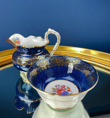 Vintage Aynsley Creamer and Sugar Bowl.  Blue and Gold, with Hand Painted Bouquet of Flowers. Fine Bone China. - Tampa Home & Garden Store
