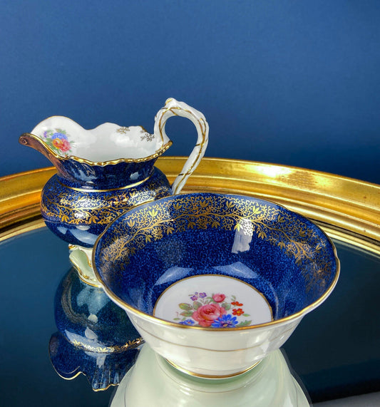 Vintage Aynsley Creamer and Sugar Bowl.  Blue and Gold, with Hand Painted Bouquet of Flowers. Fine Bone China. - Tampa Home & Garden Store