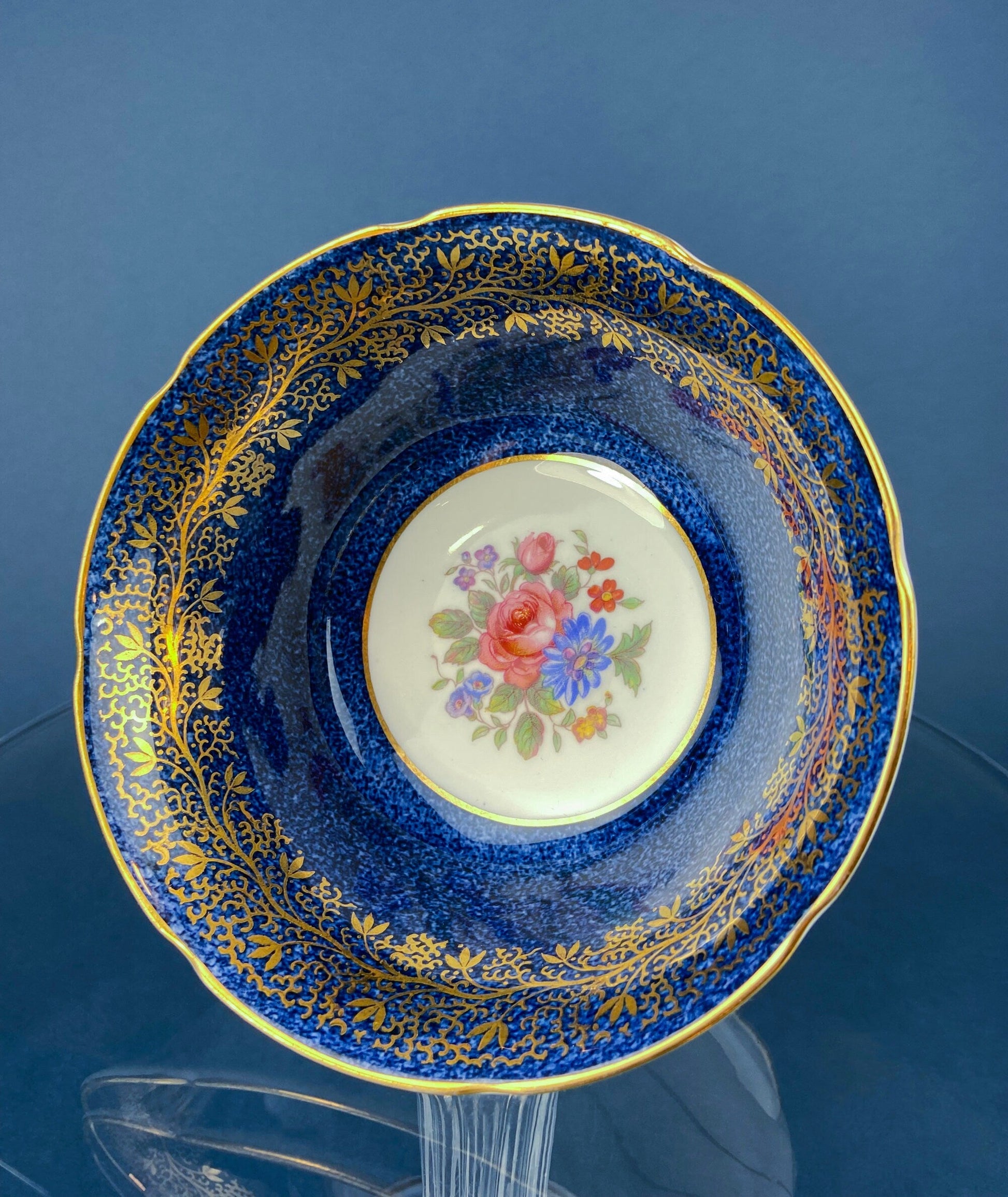Vintage Aynsley Creamer and Sugar Bowl.  Blue and Gold, with Hand Painted Bouquet of Flowers. Fine Bone China. - Tampa Home & Garden Store
