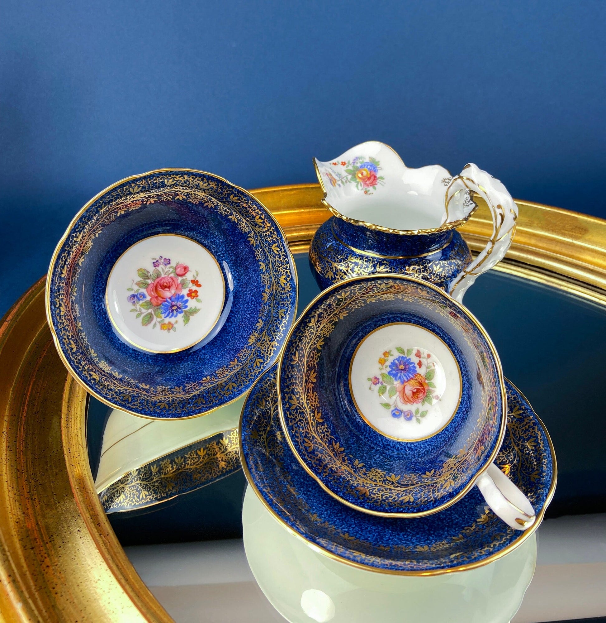 Vintage Aynsley Creamer and Sugar Bowl.  Blue and Gold, with Hand Painted Bouquet of Flowers. Fine Bone China. - Tampa Home & Garden Store