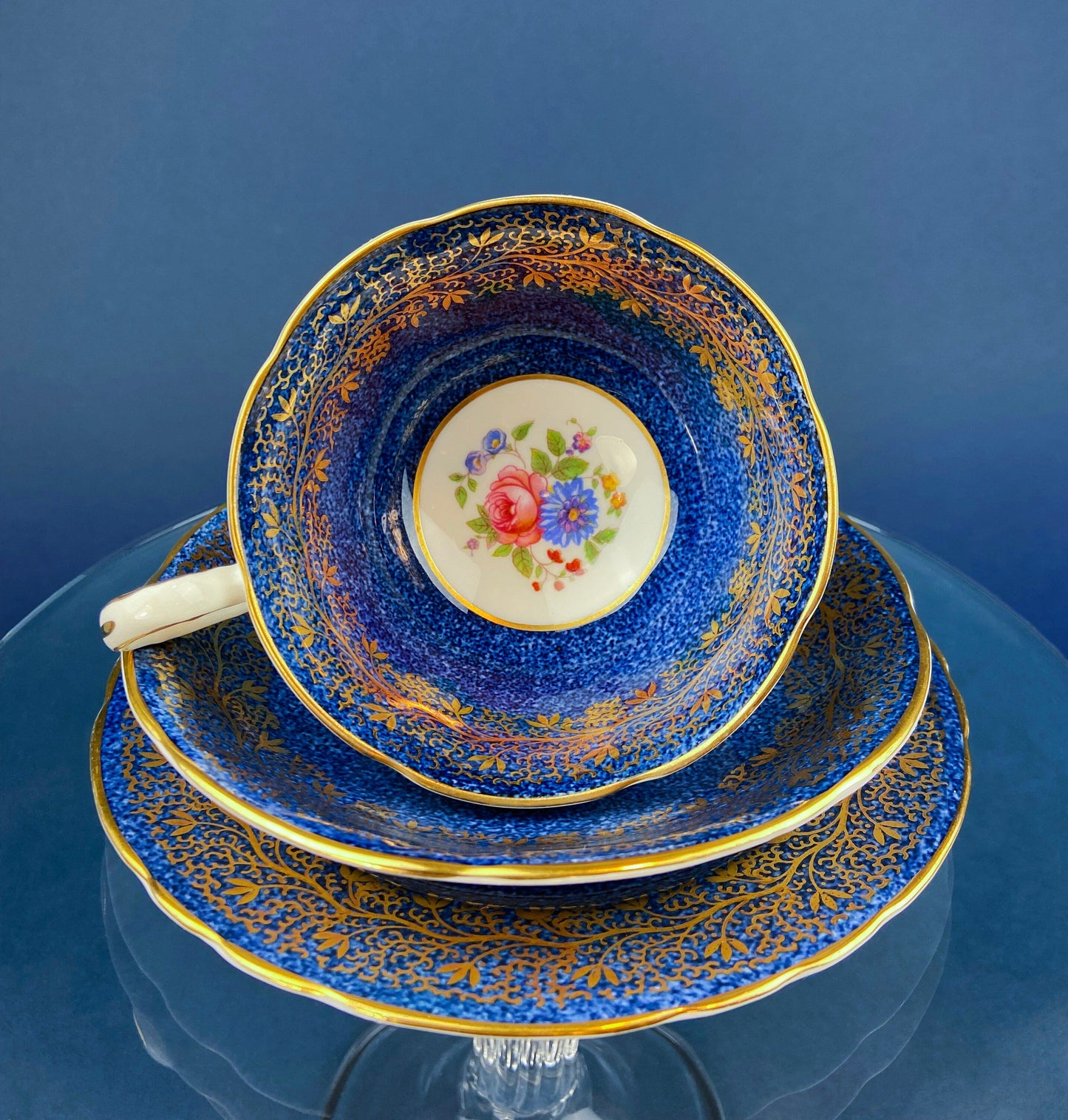 Vintage Aynsley Creamer and Sugar Bowl.  Blue and Gold, with Hand Painted Bouquet of Flowers. Fine Bone China. - Tampa Home & Garden Store