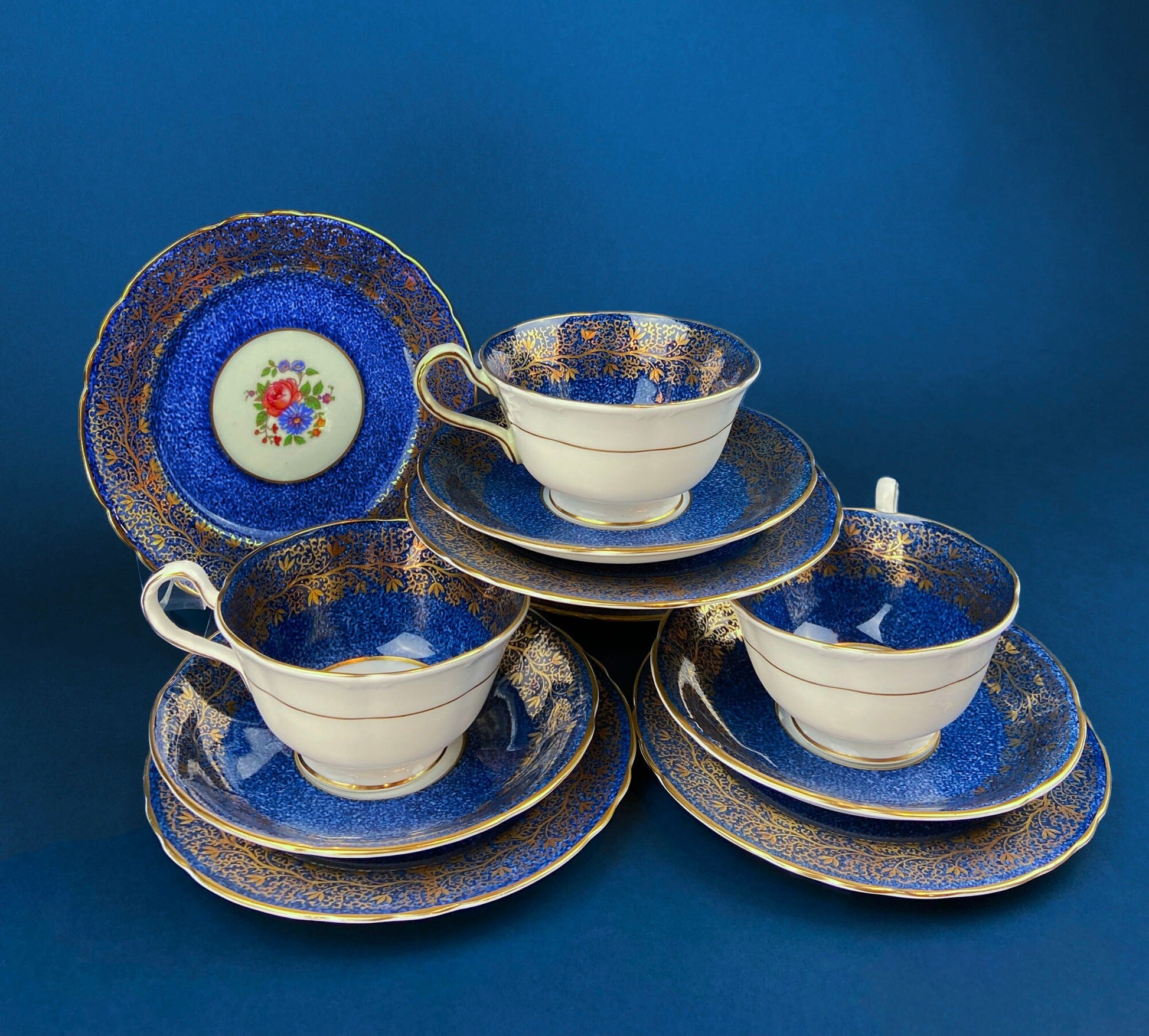 Vintage Aynsley Creamer and Sugar Bowl.  Blue and Gold, with Hand Painted Bouquet of Flowers. Fine Bone China. - Tampa Home & Garden Store