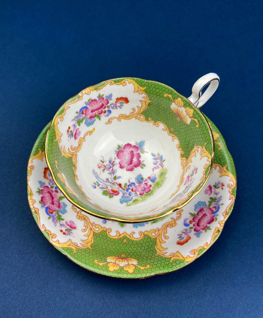 Vintage Beautiful Green and Pink Tea/Coffee Cup & Saucer. A.B.J. Grafton Fine Bone China. Asian Inspired Motifs. Dining Room Decor. - Tampa Home & Garden Store