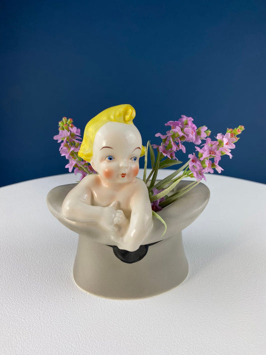 Vintage Blonde Baby Figurine in Top Hat: Royal Crown Planter, Vanity Tray - Tampa Home & Garden Store