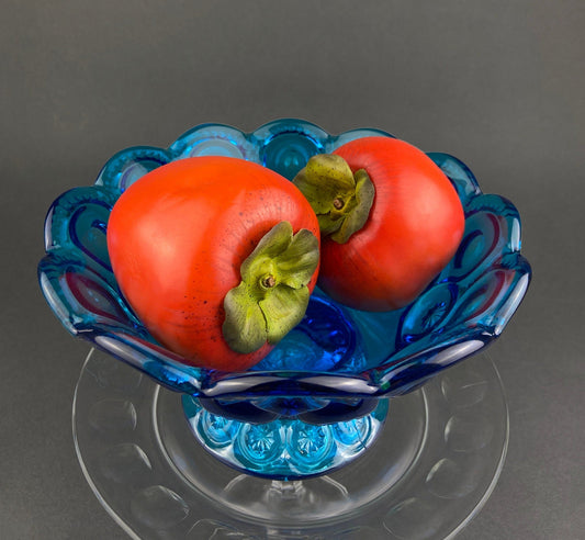 Vintage Blue Glass Footed Serving Bowl. 1960's Kings Crown Thumb Print Glass Jar with Ruffled Edge. Collectible Blue Glass Dish. - Tampa Home & Garden Store