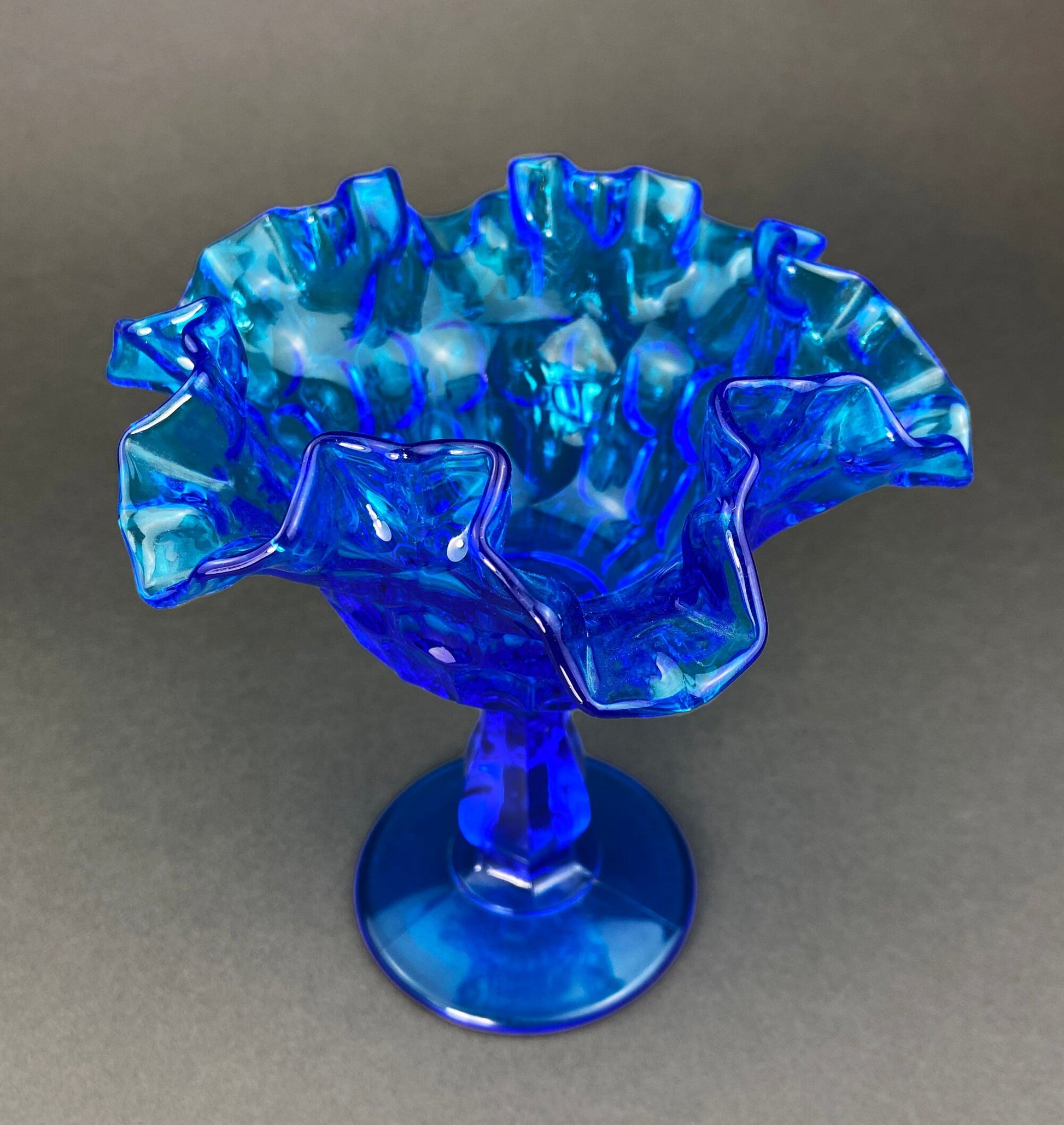 Vintage Blue Glass Footed Serving Bowl. Blue Thumb Print Glass Jar with Ruffled Edge. Collectible Blue Glass Dish. - Tampa Home & Garden Store