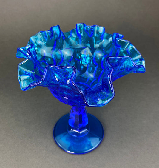 Vintage Blue Glass Footed Serving Bowl. Blue Thumb Print Glass Jar with Ruffled Edge. Collectible Blue Glass Dish. - Tampa Home & Garden Store