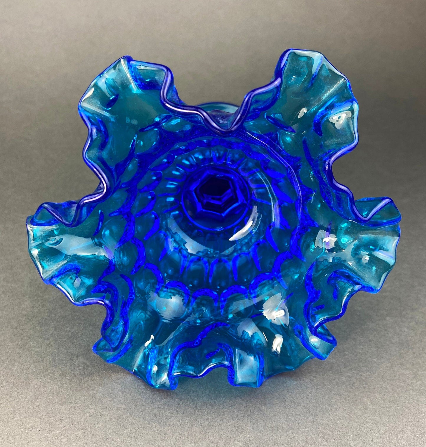 Vintage Blue Glass Footed Serving Bowl. Blue Thumb Print Glass Jar with Ruffled Edge. Collectible Blue Glass Dish. - Tampa Home & Garden Store