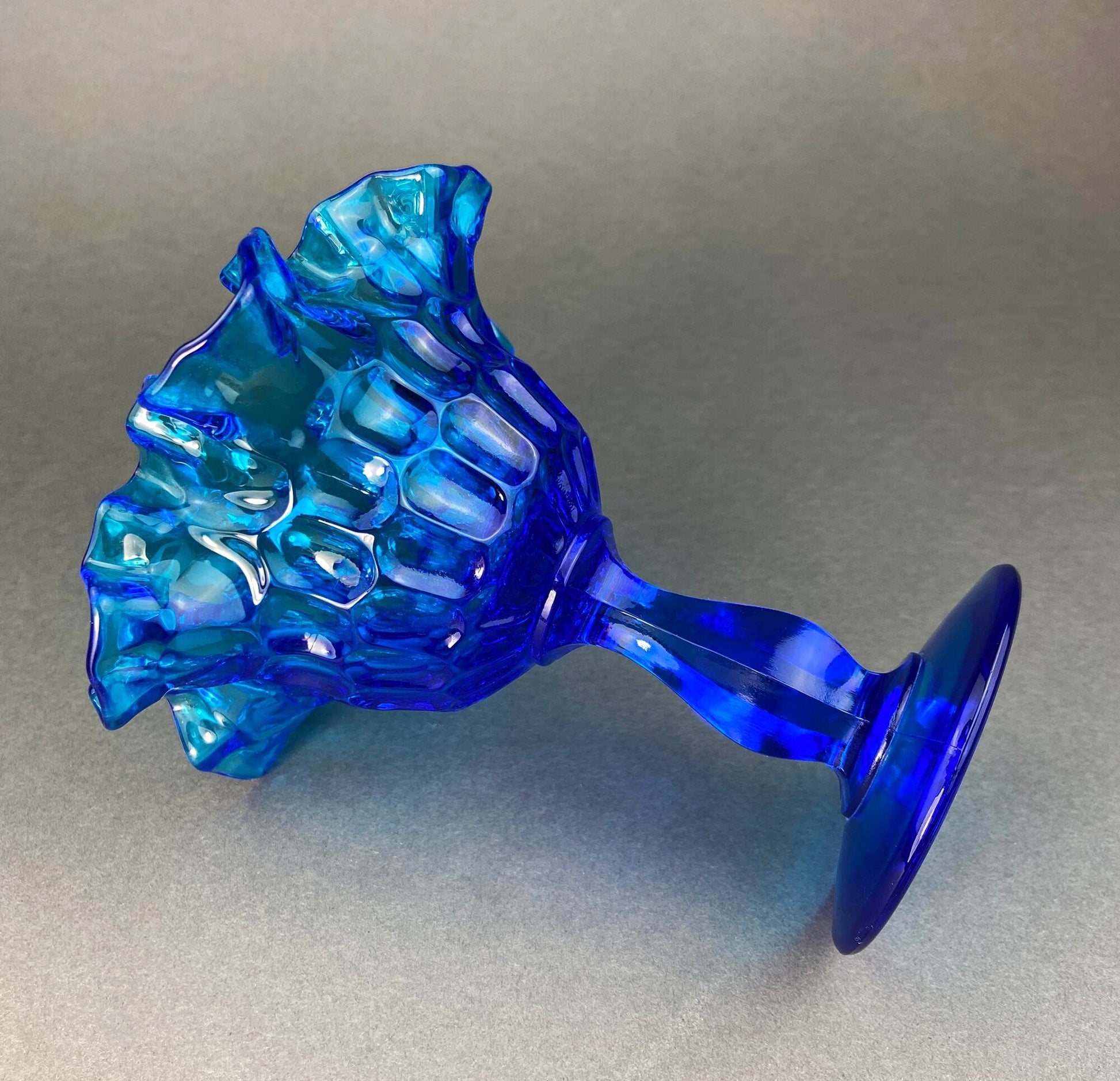 Vintage Blue Glass Footed Serving Bowl. Blue Thumb Print Glass Jar with Ruffled Edge. Collectible Blue Glass Dish. - Tampa Home & Garden Store