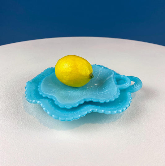 Vintage Blue Milk Glass Nesting Leaf Lemon Serving Plates. Two Small Turquoise Plates. Dining Room Decor. Gift for Mom, Grandma, Friend. - Tampa Home & Garden Store