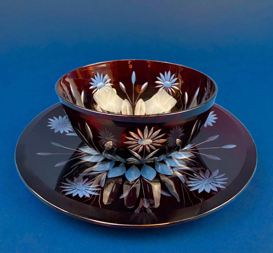 Vintage Bohemian Glass Crystal Serving Bowl and Plate. Set of Two Hand Cut Ruby Crystal Serving Dishes. Collectible Czech Glass. - Tampa Home & Garden Store