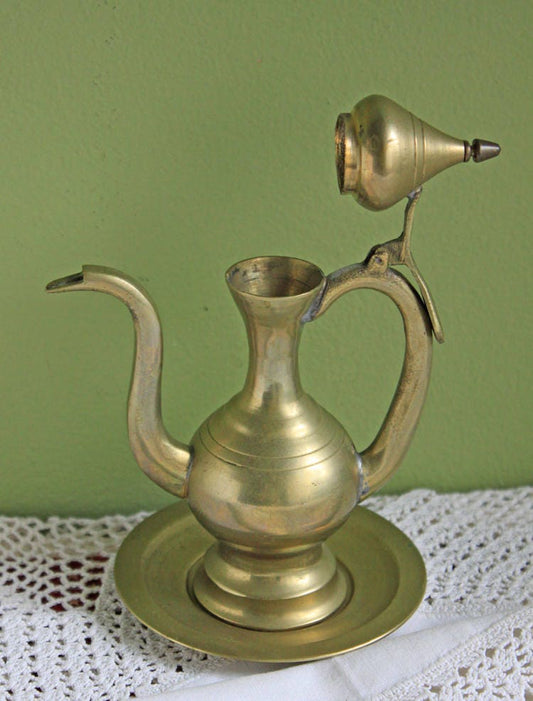 Vintage Brass Aftaba Pitcher and Plate. Pitcher with Hinged Lid. Pitcher for Carrying Holy Water or Home Decor Display.  Gift Idea. - Tampa Home & Garden Store