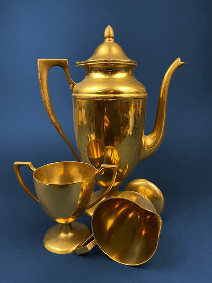 Vintage Brass Coffee Pot, Creamer & Sugar Bowl. Heavy Brass with Art Deco Style Handles. Elegant Coffee Service. - Tampa Home & Garden Store