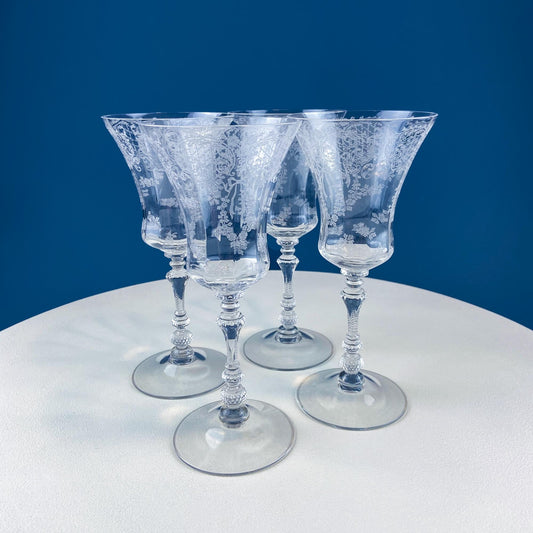Vintage Cambridge Minerva Clear Etched Crystal Wine Goblets. Stunning Stem Design. Intricate Etching. Set of 4 Stemware. Dining Room Decor. - Tampa Home & Garden Store