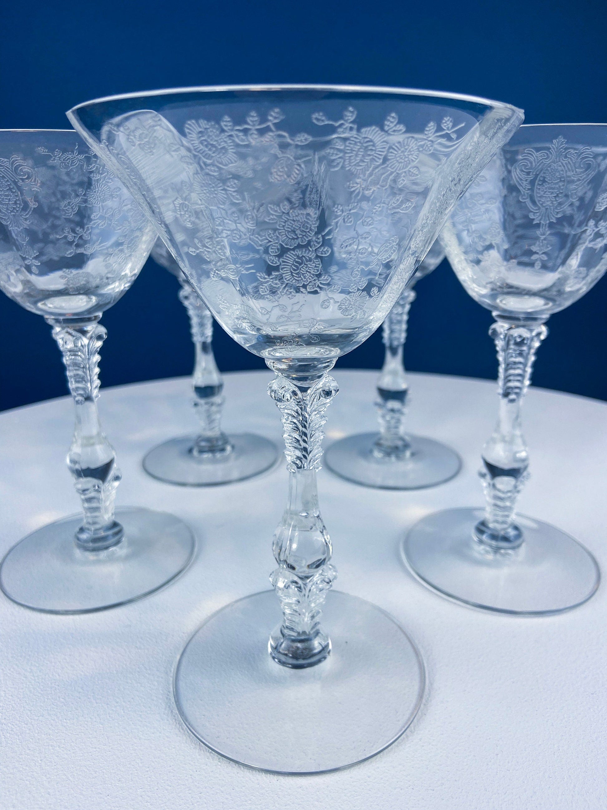 Vintage Cambridge Rose Point Champagne Glasses. Set of Five Tall Sherbets. Floral Etching Stemware. Fine Dining. Wedding Gift Idea. - Tampa Home & Garden Store