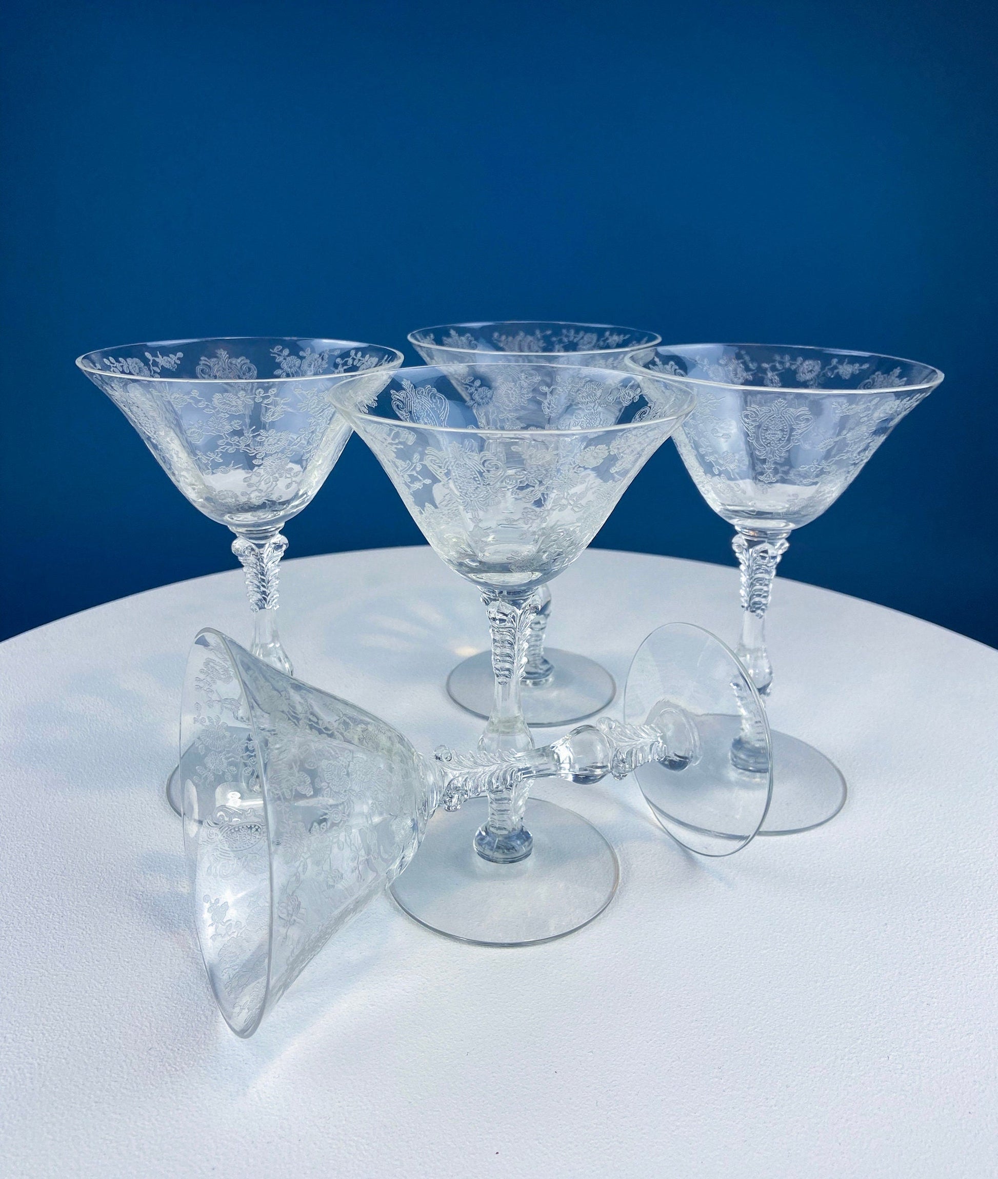 Vintage Cambridge Rose Point Champagne Glasses. Set of Five Tall Sherbets. Floral Etching Stemware. Fine Dining. Wedding Gift Idea. - Tampa Home & Garden Store