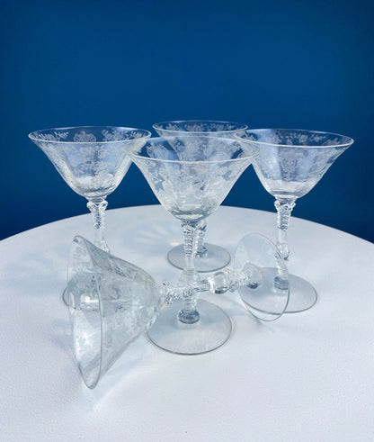 Vintage Cambridge Rose Point Champagne Glasses. Set of Five Tall Sherbets. Floral Etching Stemware. Fine Dining. Wedding Gift Idea. - Tampa Home & Garden Store
