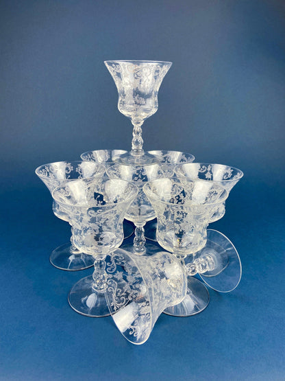 Vintage Cambridge Rose Point Champagne Glasses. Set of Five Tall Sherbets. Floral Etching Stemware. Fine Dining. Wedding Gift Idea. - Tampa Home & Garden Store