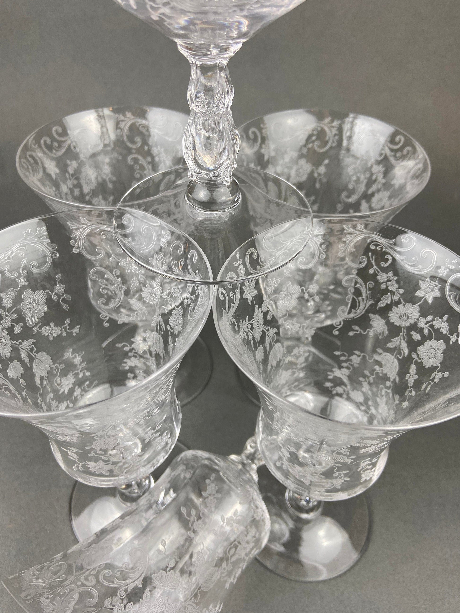 Vintage Cambridge Rose Point Champagne Glasses. Set of Five Tall Sherbets. Floral Etching Stemware. Fine Dining. Wedding Gift Idea. - Tampa Home & Garden Store