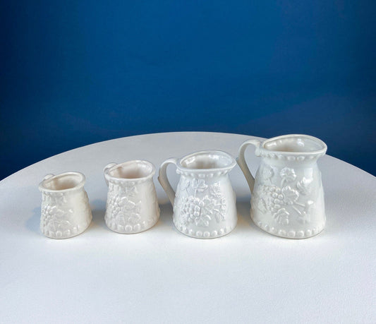 Vintage Ceramic Measuring Cups. Set of 4, White with 3-D Grapes & Vines. Small Pitchers: 1, 1/2, 1/4 and 1/8 Cups. Dining Kitchen Decor. - Tampa Home & Garden Store