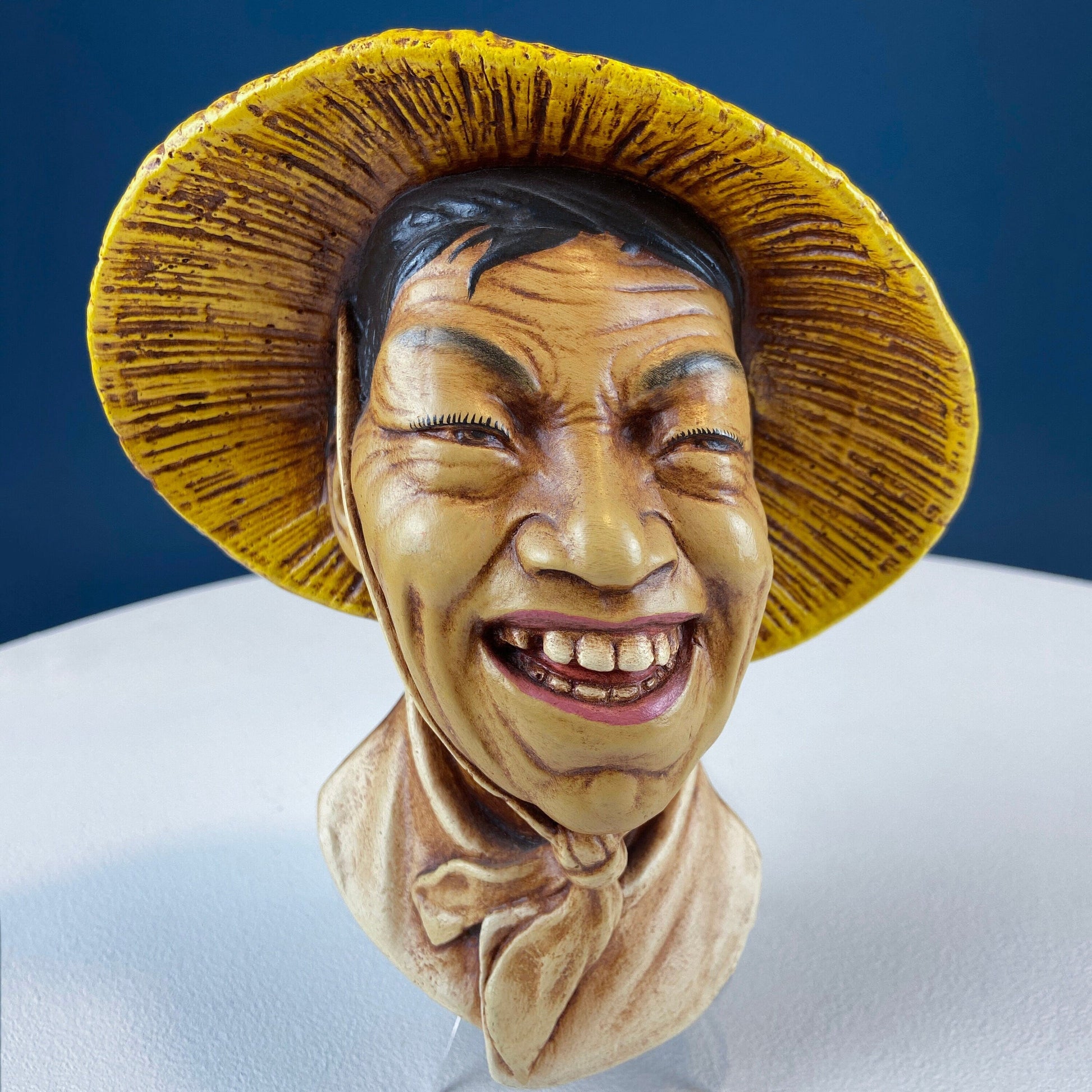 Vintage Chalkware Head of Smilling Asian Man in Red Hat. Life Like Caricature of Coolio. Ethnic Wall Hanging/Wall Art. Collectible Bus - Tampa Home & Garden Store