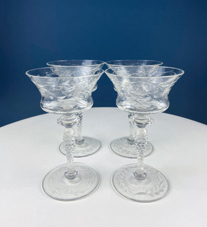 Vintage Champagne Tall Sherbets by Newton Crystal Co. 3365-3. Blown Glass. Swirl Optic & Cut Floral Motif. Set of 4 Glasses. Wedding Gift. - Tampa Home & Garden Store