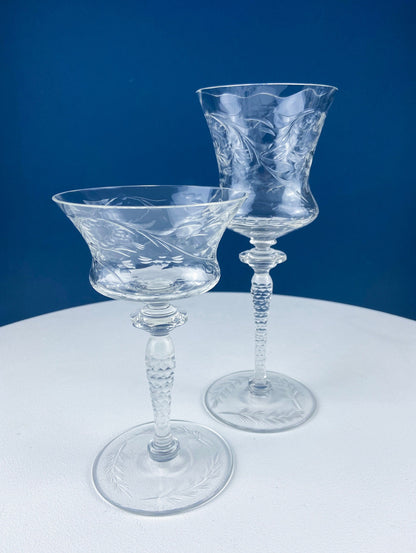 Vintage Champagne Tall Sherbets by Newton Crystal Co. 3365-3. Blown Glass. Swirl Optic & Cut Floral Motif. Set of 4 Glasses. Wedding Gift. - Tampa Home & Garden Store