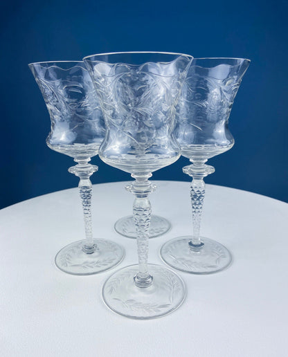 Vintage Champagne Tall Sherbets by Newton Crystal Co. 3365-3. Blown Glass. Swirl Optic & Cut Floral Motif. Set of 4 Glasses. Wedding Gift. - Tampa Home & Garden Store
