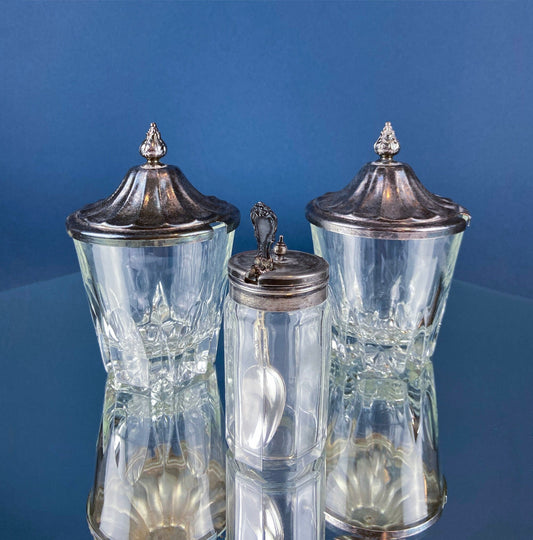 Vintage Collection of Clear Glass Jars with Silver Plated Covers. Relish, Jam, Preserves Serving Dishes with Lids. Set of 3. Table Decor. - Tampa Home & Garden Store