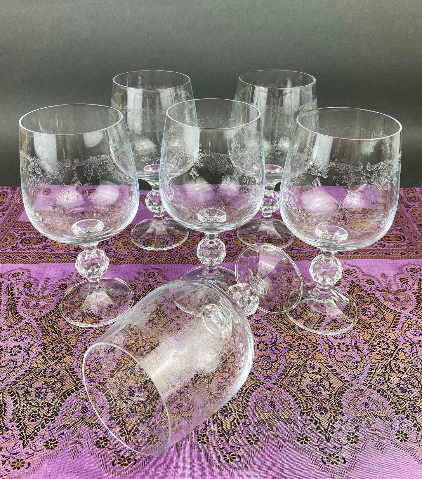 Vintage Crystal Wine or Juice Goblets.  Bohemia Crystal by Crystal-ex.  Queen's Lace Motif.  Set of Six Etched Stem Glasses. - Tampa Home & Garden Store