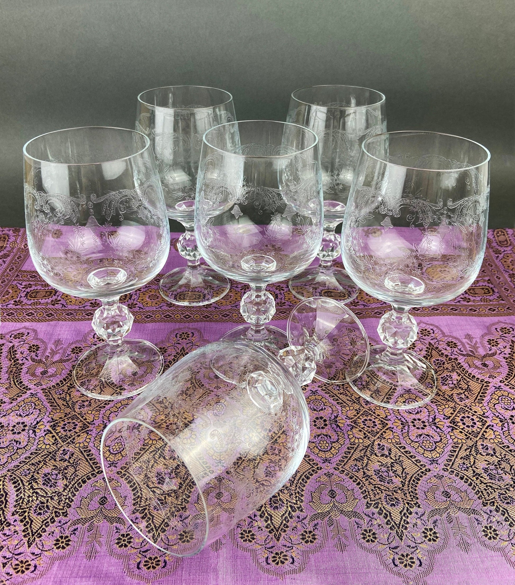 Vintage Crystal Wine or Juice Goblets.  Bohemia Crystal by Crystal-ex.  Queen's Lace Motif.  Set of Six Etched Stem Glasses. - Tampa Home & Garden Store