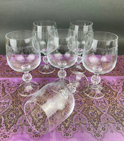 Vintage Crystal Wine or Juice Goblets.  Bohemia Crystal by Crystal-ex.  Queen's Lace Motif.  Set of Six Etched Stem Glasses. - Tampa Home & Garden Store