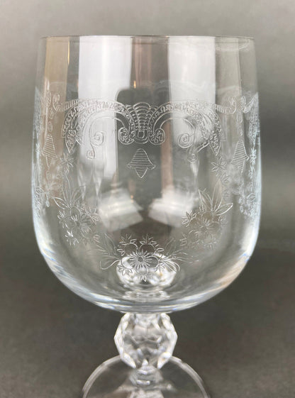 Vintage Crystal Wine or Juice Goblets.  Bohemia Crystal by Crystal-ex.  Queen's Lace Motif.  Set of Six Etched Stem Glasses. - Tampa Home & Garden Store