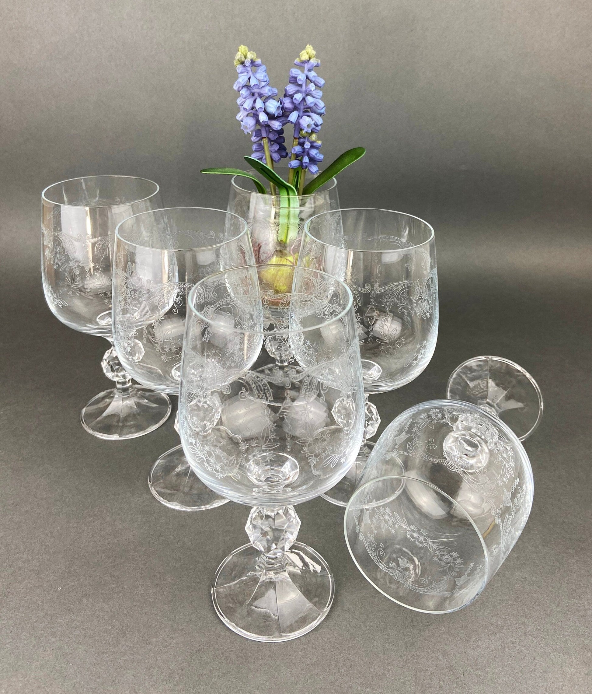 Vintage Crystal Wine or Juice Goblets.  Bohemia Crystal by Crystal-ex.  Queen's Lace Motif.  Set of Six Etched Stem Glasses. - Tampa Home & Garden Store