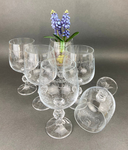 Vintage Crystal Wine or Juice Goblets.  Bohemia Crystal by Crystal-ex.  Queen's Lace Motif.  Set of Six Etched Stem Glasses. - Tampa Home & Garden Store