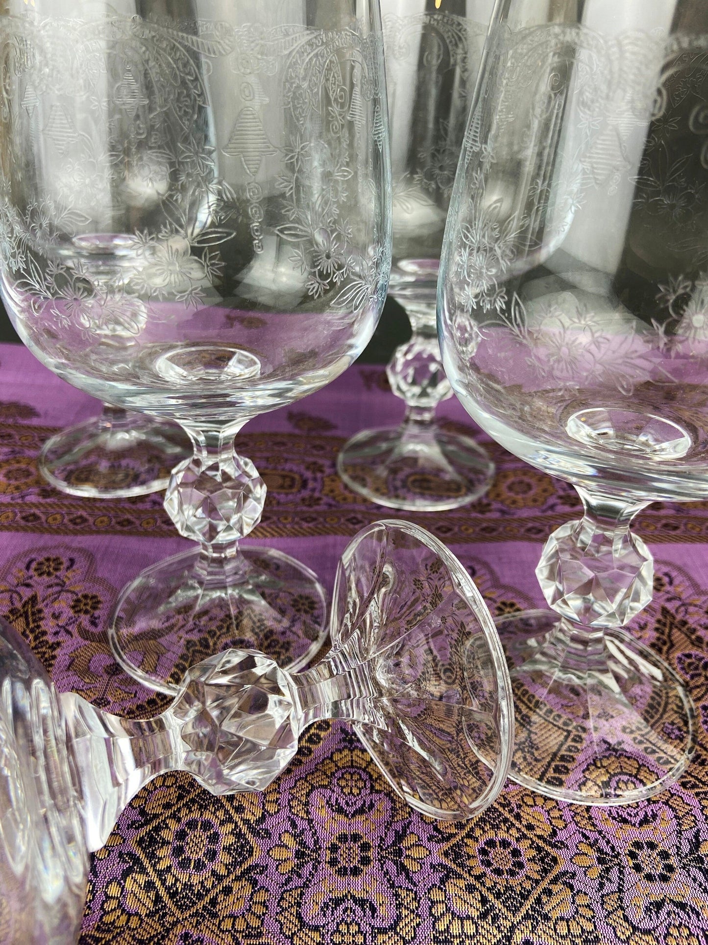Vintage Crystal Wine or Juice Goblets.  Bohemia Crystal by Crystal-ex.  Queen's Lace Motif.  Set of Six Etched Stem Glasses. - Tampa Home & Garden Store