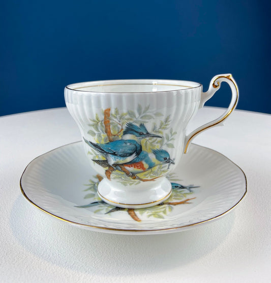 Vintage Cup and Saucer with Blue Birds. Queens's Fine Bone China. Birds of America. Pair of Kingfishers. Gift for Dad, Fisherman, Bird Lover - Tampa Home & Garden Store