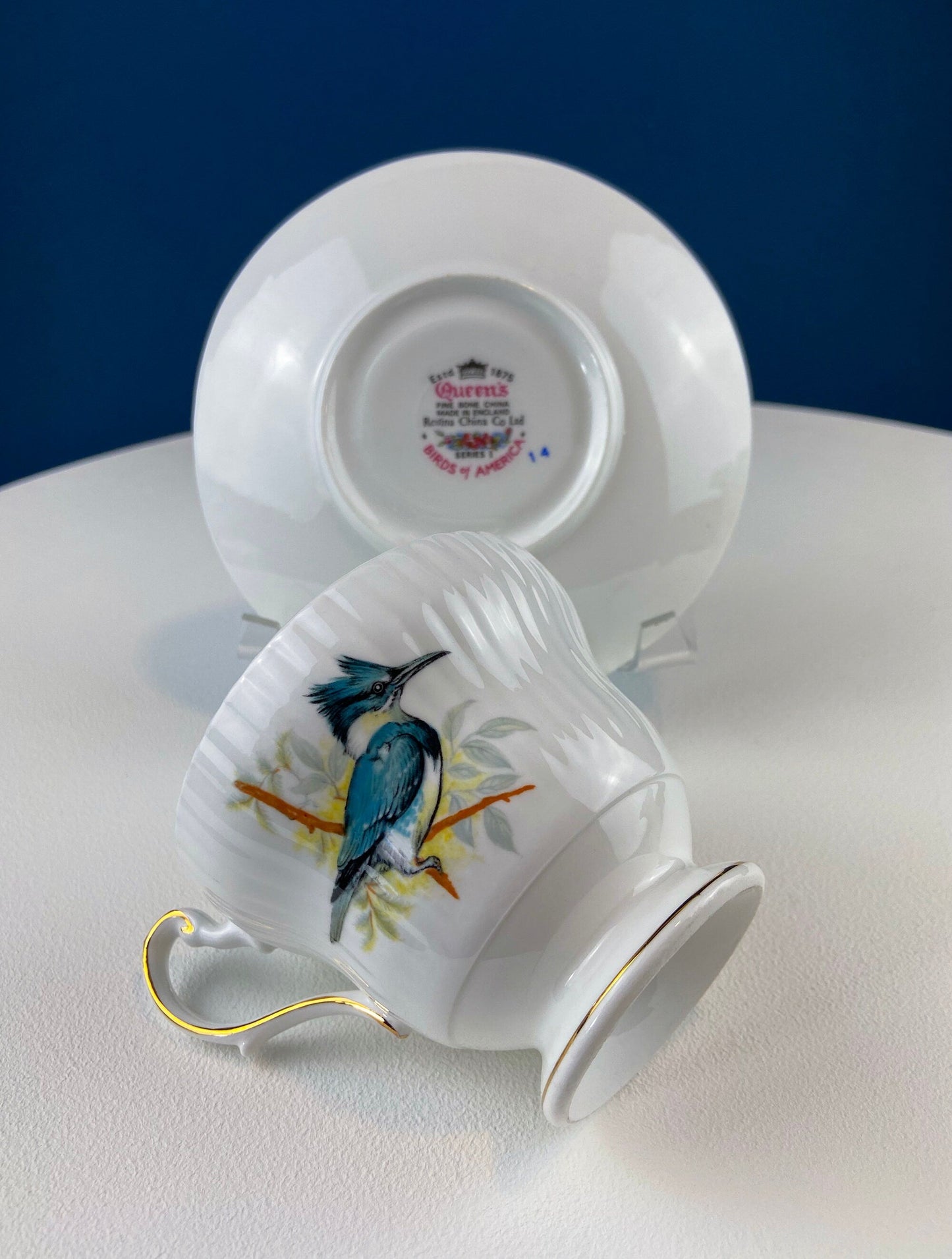 Vintage Cup and Saucer with Blue Birds. Queens's Fine Bone China. Birds of America. Pair of Kingfishers. Gift for Dad, Fisherman, Bird Lover - Tampa Home & Garden Store