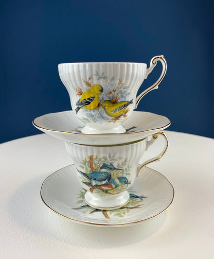 Vintage Cup and Saucer with Blue Birds. Queens's Fine Bone China. Birds of America. Pair of Kingfishers. Gift for Dad, Fisherman, Bird Lover - Tampa Home & Garden Store