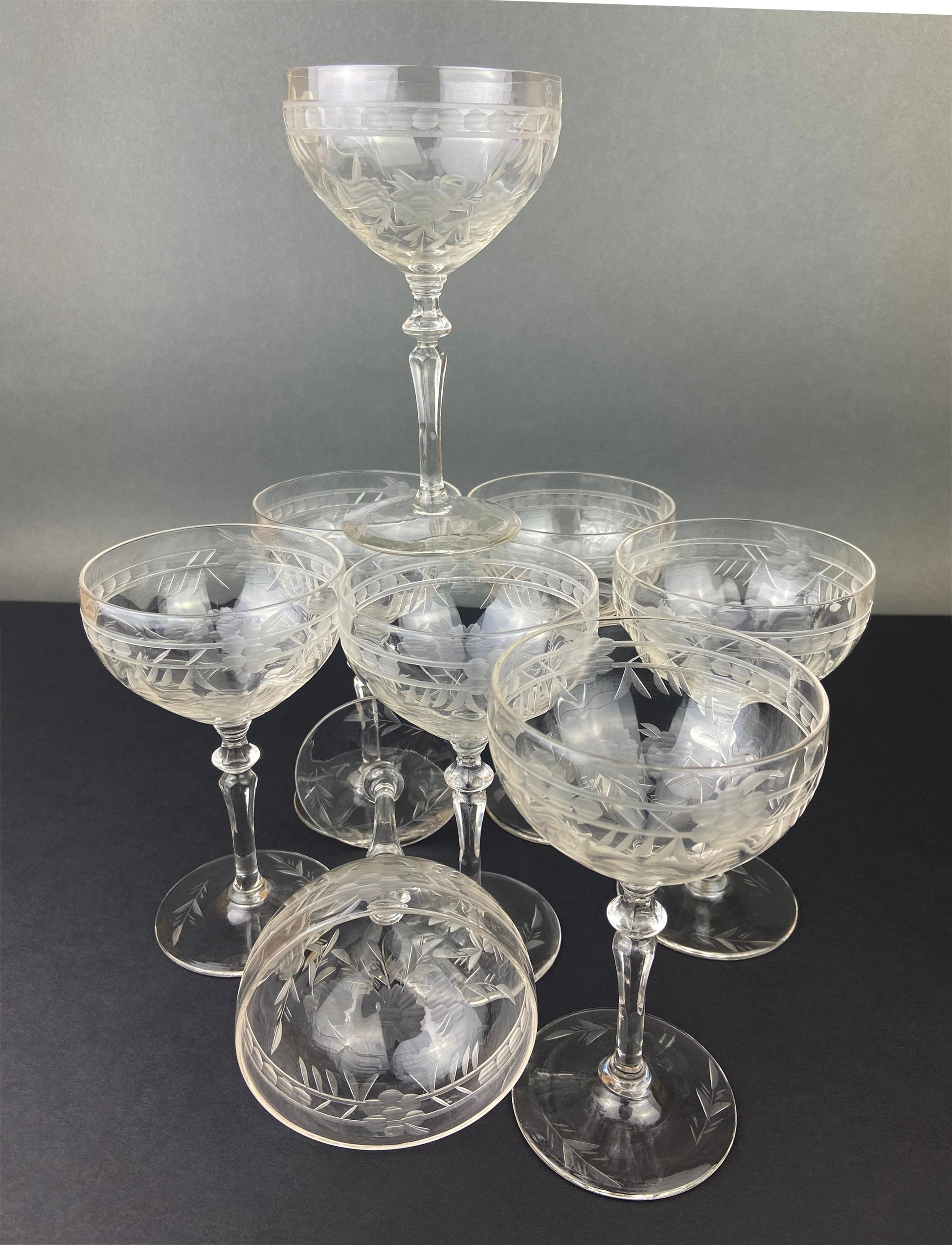 Vintage Cut Crystal Champagne Glasses.   Set of 9 Vintage Glasses with Daisy Motif.  Fine Stemware. - Tampa Home & Garden Store
