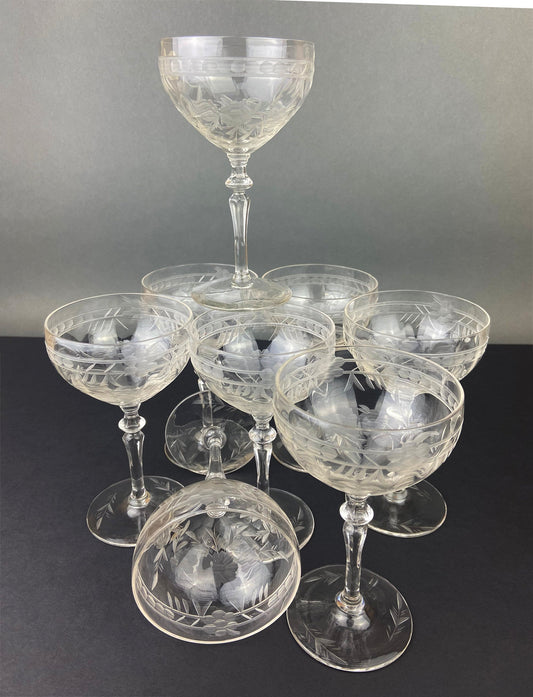 Vintage Cut Crystal Champagne Glasses.   Set of 9 Vintage Glasses with Daisy Motif.  Fine Stemware. - Tampa Home & Garden Store