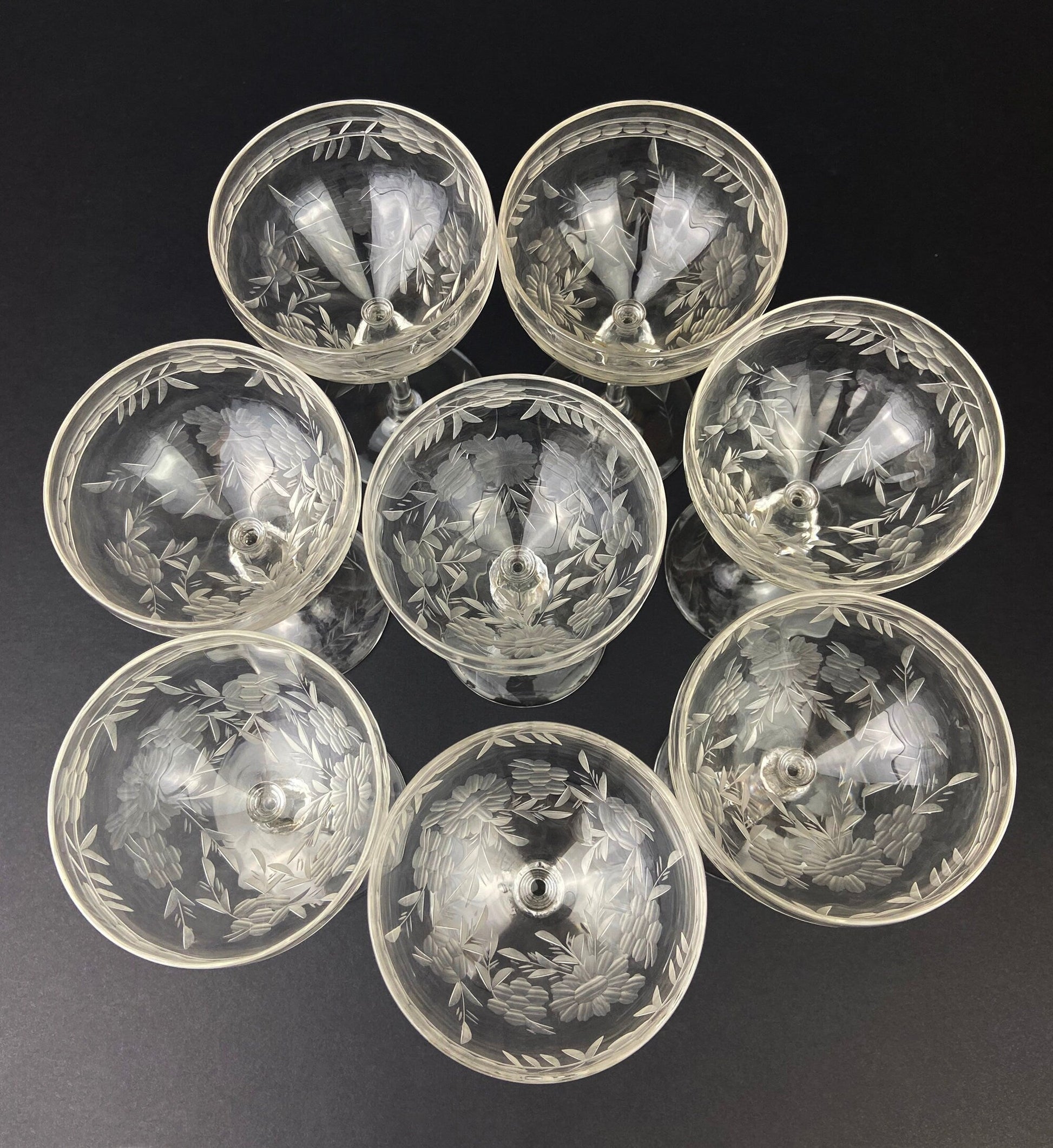 Vintage Cut Crystal Champagne Glasses.   Set of 9 Vintage Glasses with Daisy Motif.  Fine Stemware. - Tampa Home & Garden Store
