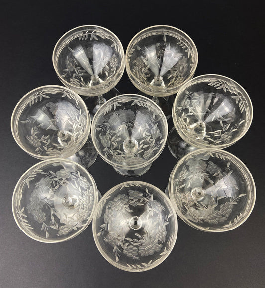 Vintage Cut Crystal Champagne Glasses.   Set of 9 Vintage Glasses with Daisy Motif.  Fine Stemware. - Tampa Home & Garden Store