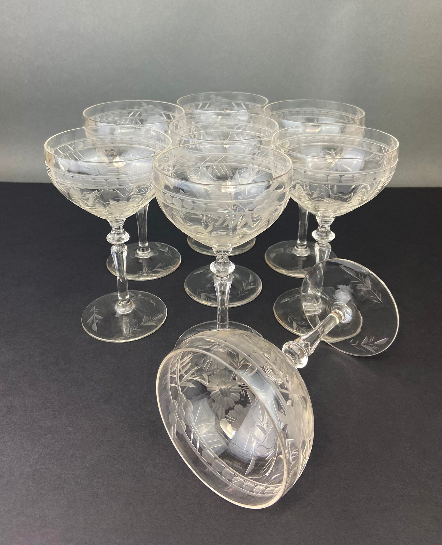 Vintage Cut Crystal Champagne Glasses.   Set of 9 Vintage Glasses with Daisy Motif.  Fine Stemware. - Tampa Home & Garden Store